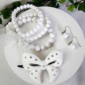 All White Set Triple Stretch Bracelet Earrings And Hair Bow Shape Barrette